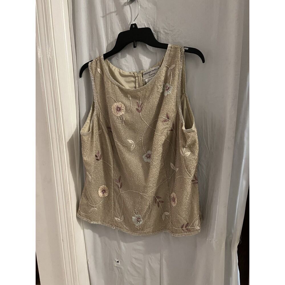 Adrianna Papell Evening Tan Beaded Floral Embroidered Tank Sz 16 Missing Beads